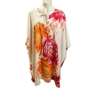 Natori Floral Kaftan Dress with Pink and Orange Blooms
